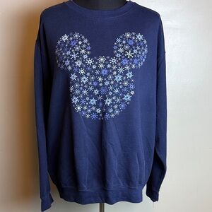 Disney Navy Blue Snowflakes Mickey Mouse Crewneck Sweatshirt Sz XL
